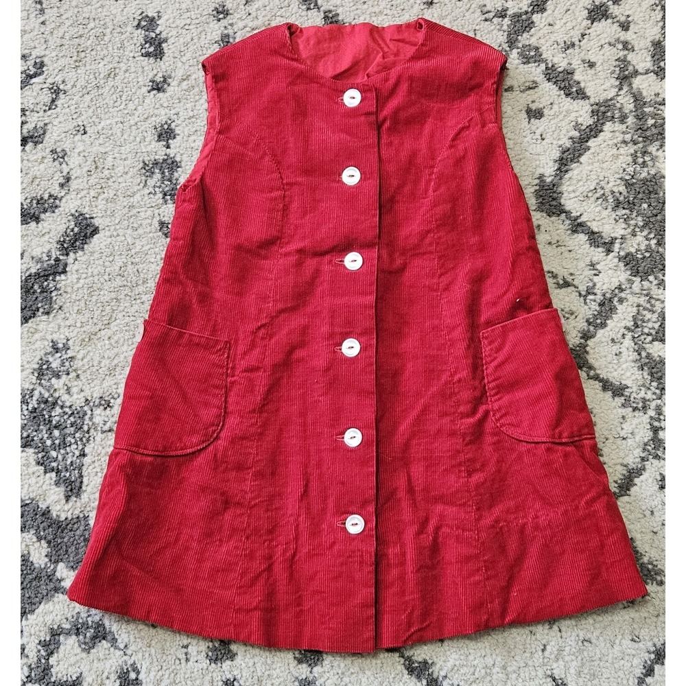 Vintage 1960s Girls Red Corduroy Button Up Shift Dress Handmade
